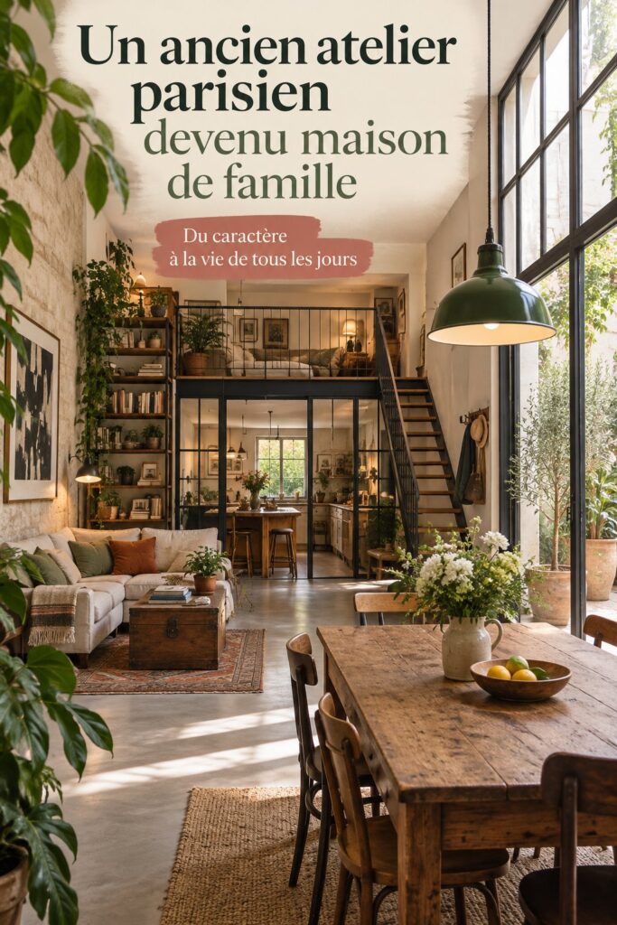 Vue d'un ancien atelier parisien devenu maison familiale, affichant un mélange de modernité et d'authenticité.