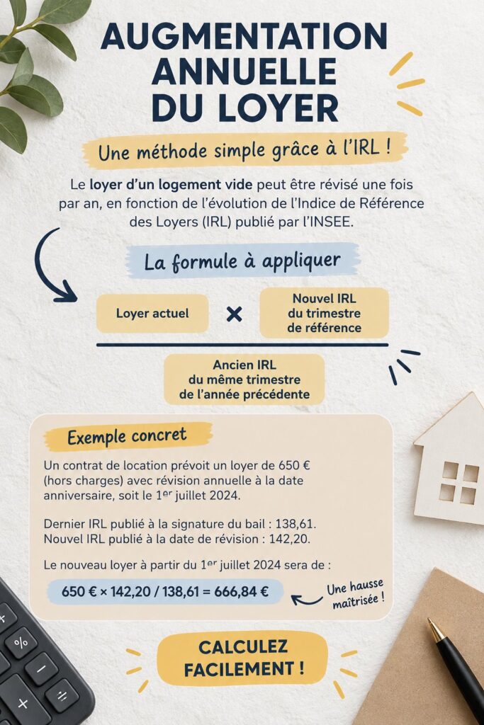 Illustration d'un contrat de location avec une note sur l'augmentation annuelle du loyer.