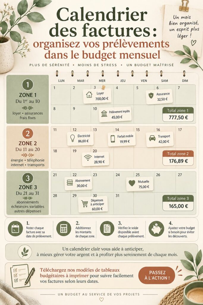 Illustration d'un calendrier des factures pour une meilleure gestion financière.