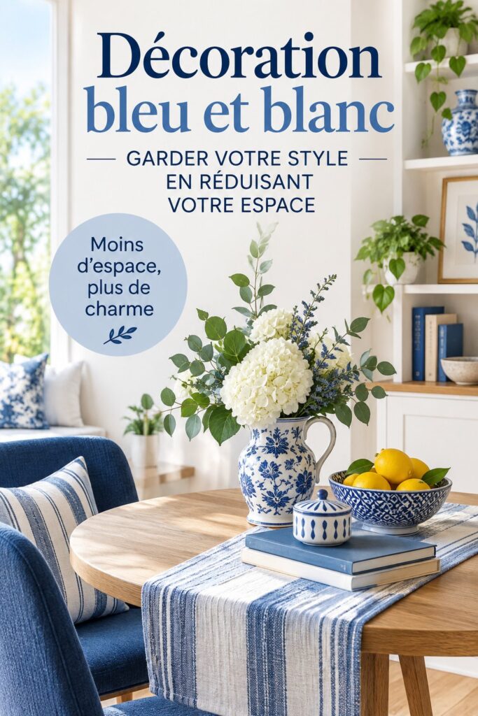 Salle de séjour avec une décoration bleu et blanc élégante, mettant en valeur une ambiance sereine.