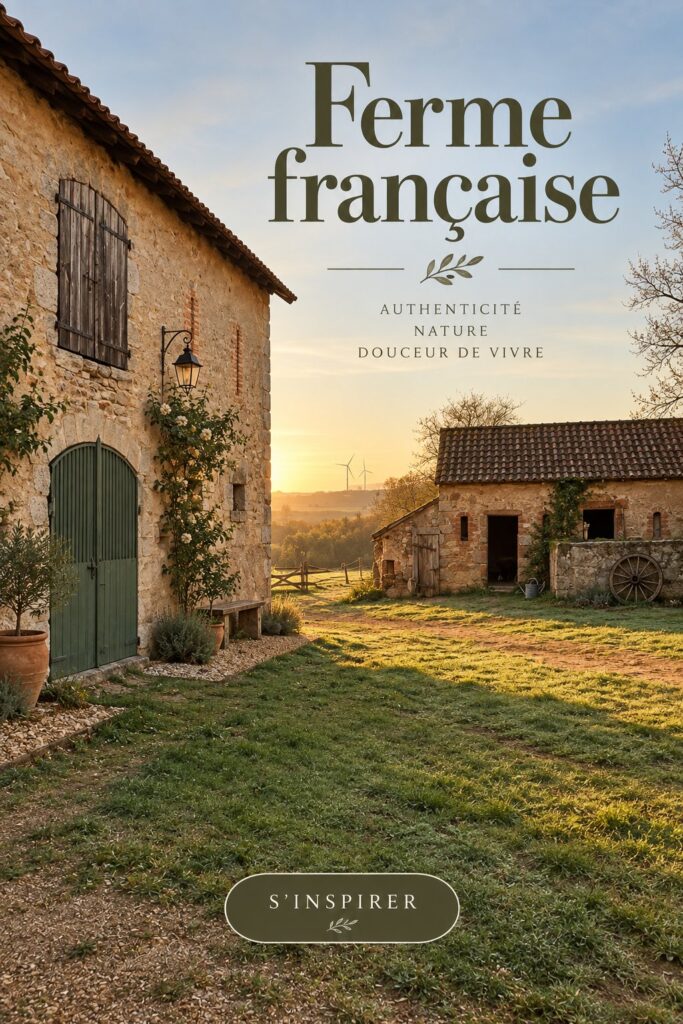 Intérieur d'une maison décorée dans un style ferme française rustique avec des meubles en bois et des couleurs naturelles.