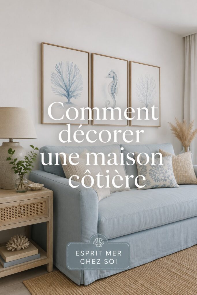 Intérieur de maison décorée dans un style côtier, avec des murs bleus et des accessoires marins