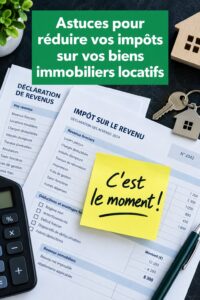 Un propriétaire examine des documents fiscaux devant une maison locative, illustrant les déductions fiscales.
