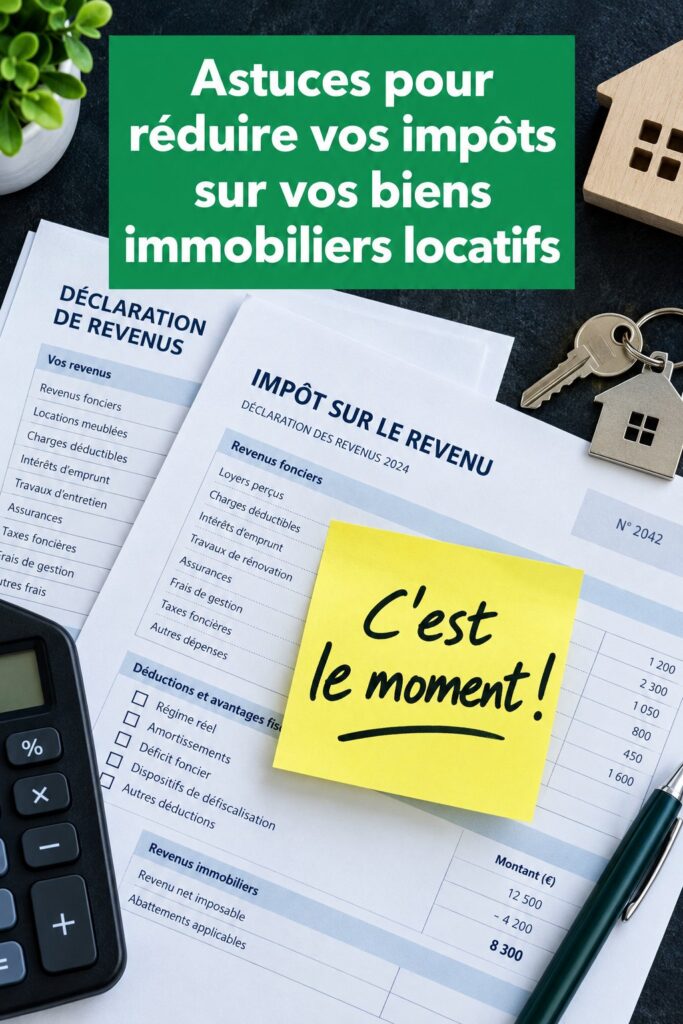 Un propriétaire examine des documents fiscaux devant une maison locative, illustrant les déductions fiscales.