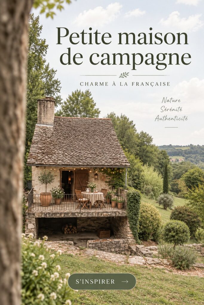 Petite ferme française avec un jardin luxuriant et des éléments rustiques.