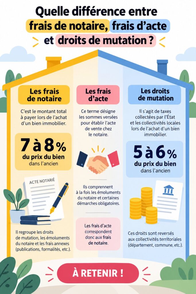 Illustration des frais de notaire et droits de mutation lors d'un achat immobilier, avec des éléments graphiques explicatifs.