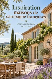 Façade d'une maison inspirée du style de ferme français, avec des pierres naturelles et un jardin fleuri.