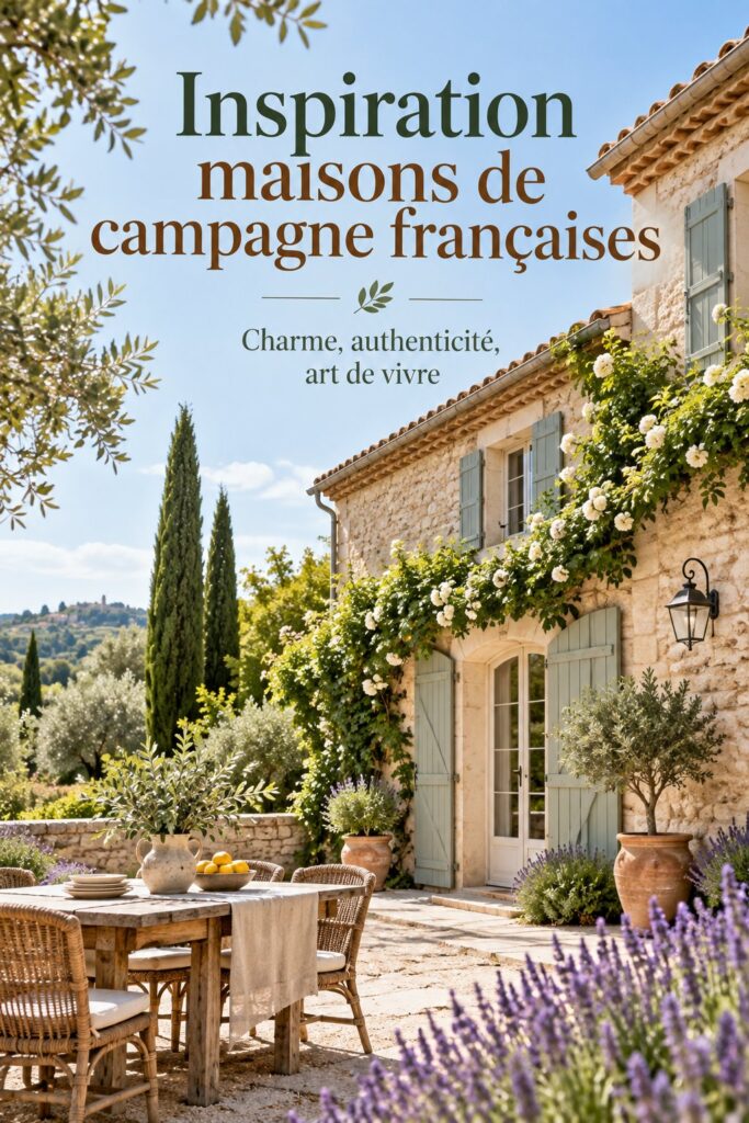 Façade d'une maison inspirée du style de ferme français, avec des pierres naturelles et un jardin fleuri.