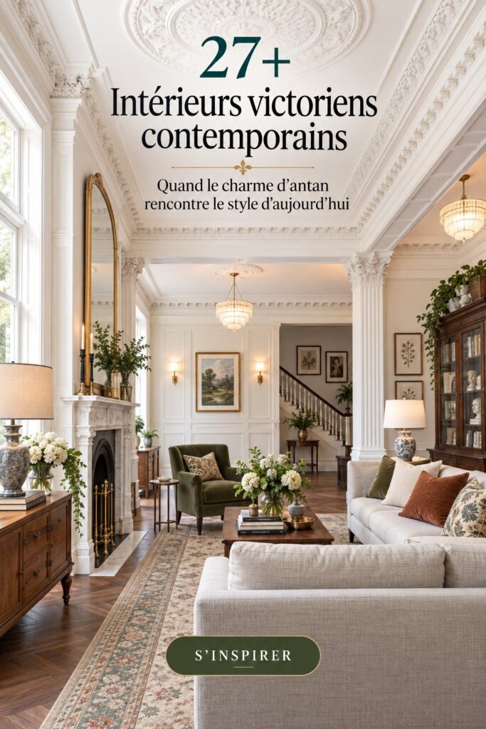 Un intérieur victorien contemporain alliant des meubles modernes et des détails historiques.