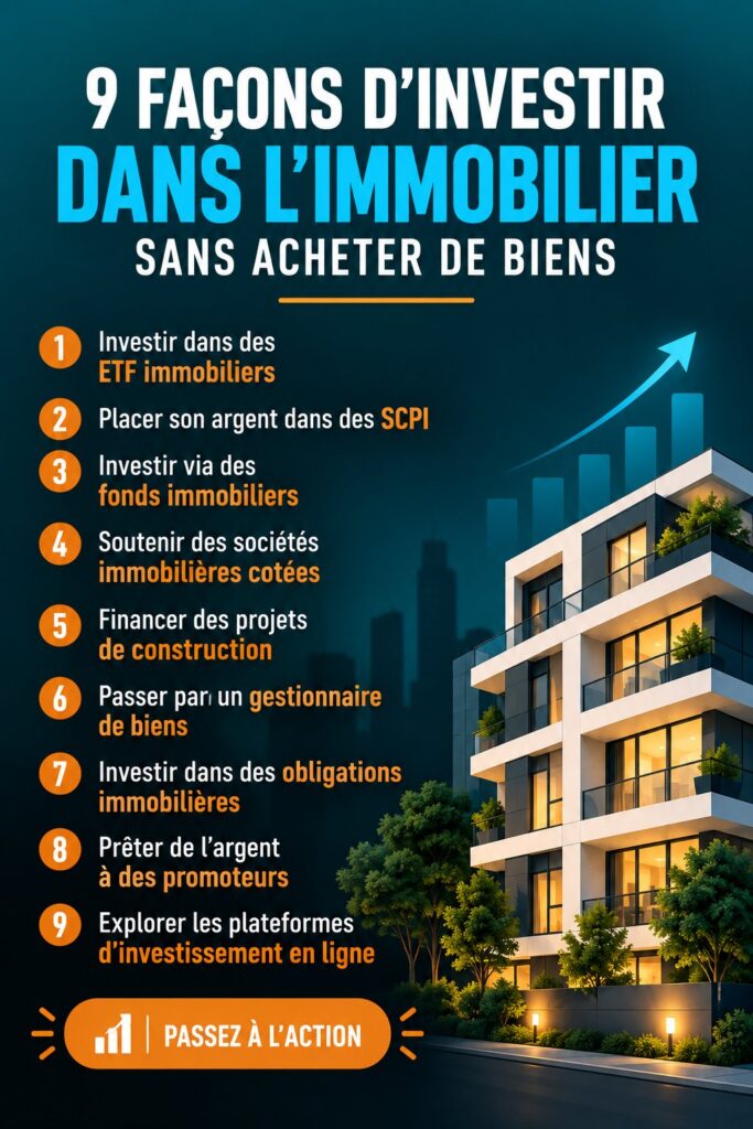 Illustration d'investissement immobilier sans achat de biens, représentant diverses alternatives financières.