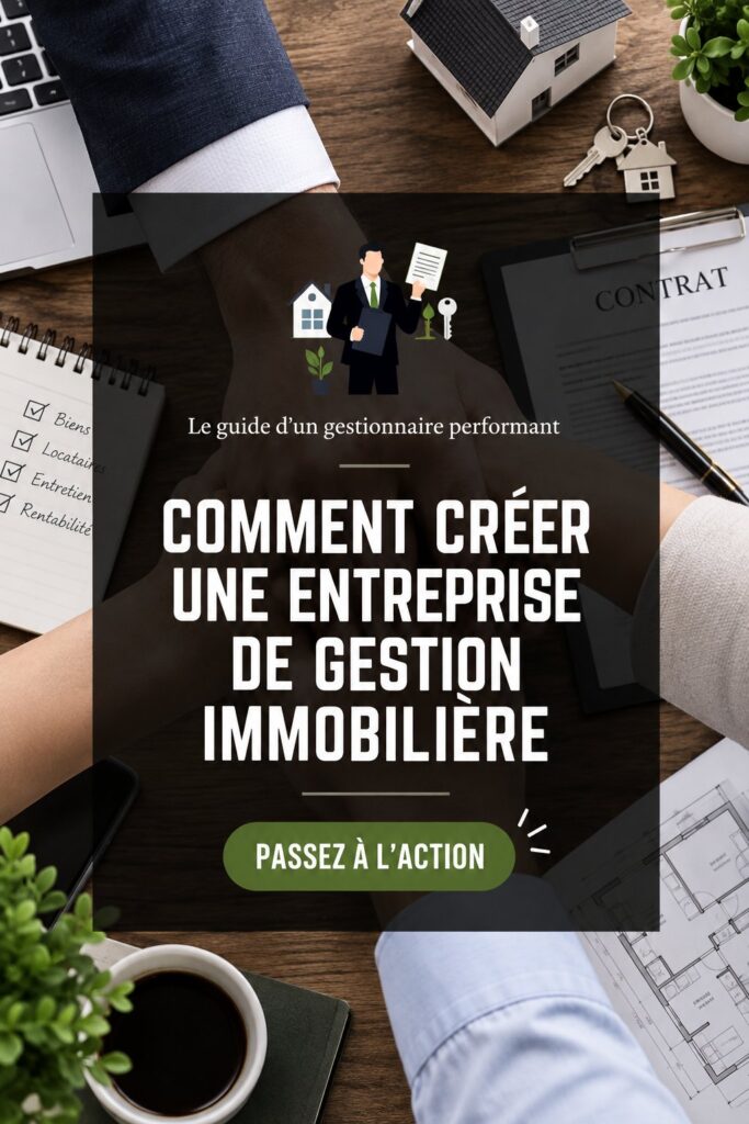 Une infographie illustrant les étapes pour démarre une entreprise de gestion locative, avec un fond professionnel.
