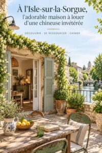 Une charmante maison à louer à l'Isle-sur-la-Sorgue, entourée de verdure et de fleurs.