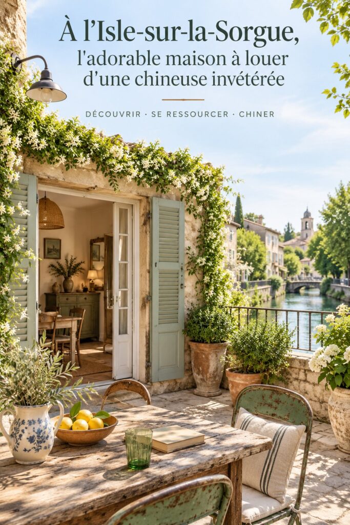 Une charmante maison à louer à l'Isle-sur-la-Sorgue, entourée de verdure et de fleurs.