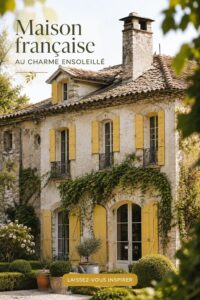 Maison française charmante avec des volets jaunes ensoleillés.