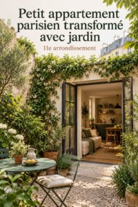 Vue extérieure d'une petite maison parisienne avec jardin luxuriant dans le 11e arrondissement.