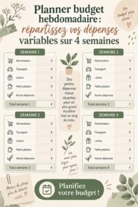 Image d'un planner budgétaire hebdomadaire sur une table avec des calculatrices et des stylos.