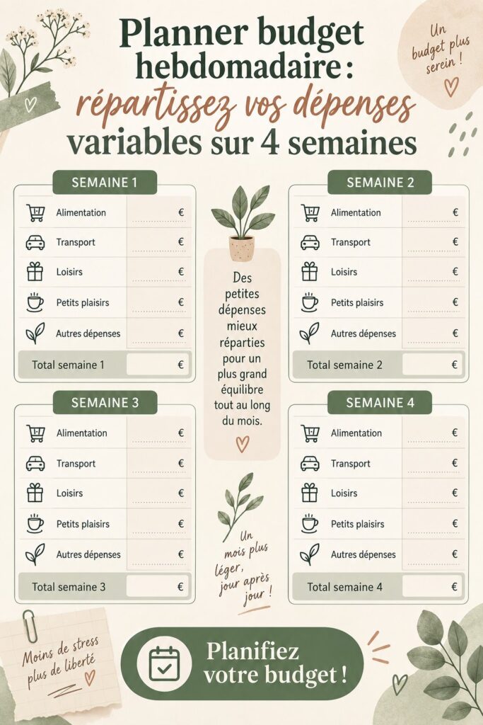 Image d'un planner budgétaire hebdomadaire sur une table avec des calculatrices et des stylos.