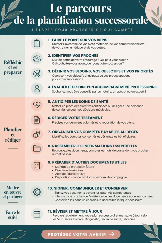 Un guide illustré sur la planification de succession, avec des éléments clés pour sécuriser son héritage.