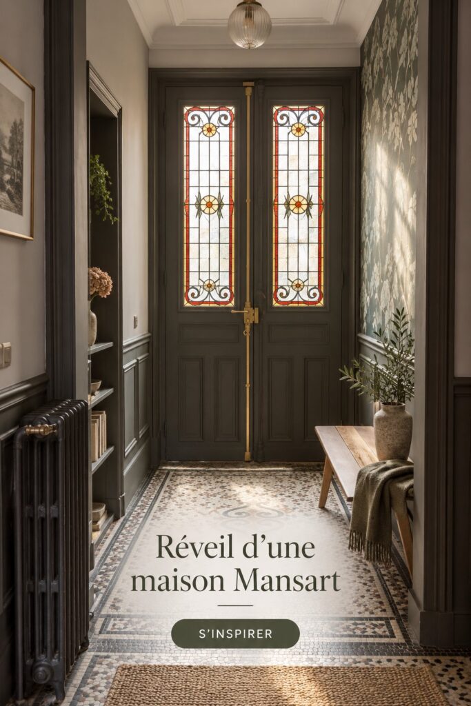Maison au style Mansart avec toit en pente et fenêtres élégantes.