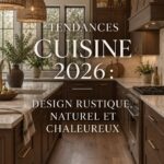 Cuisine rustique et chaleureuse avec des textures naturelles pour 2026.