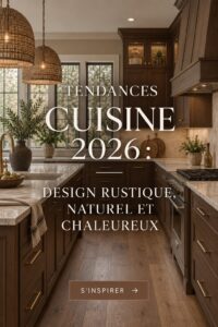 Cuisine rustique et chaleureuse avec des textures naturelles pour 2026.
