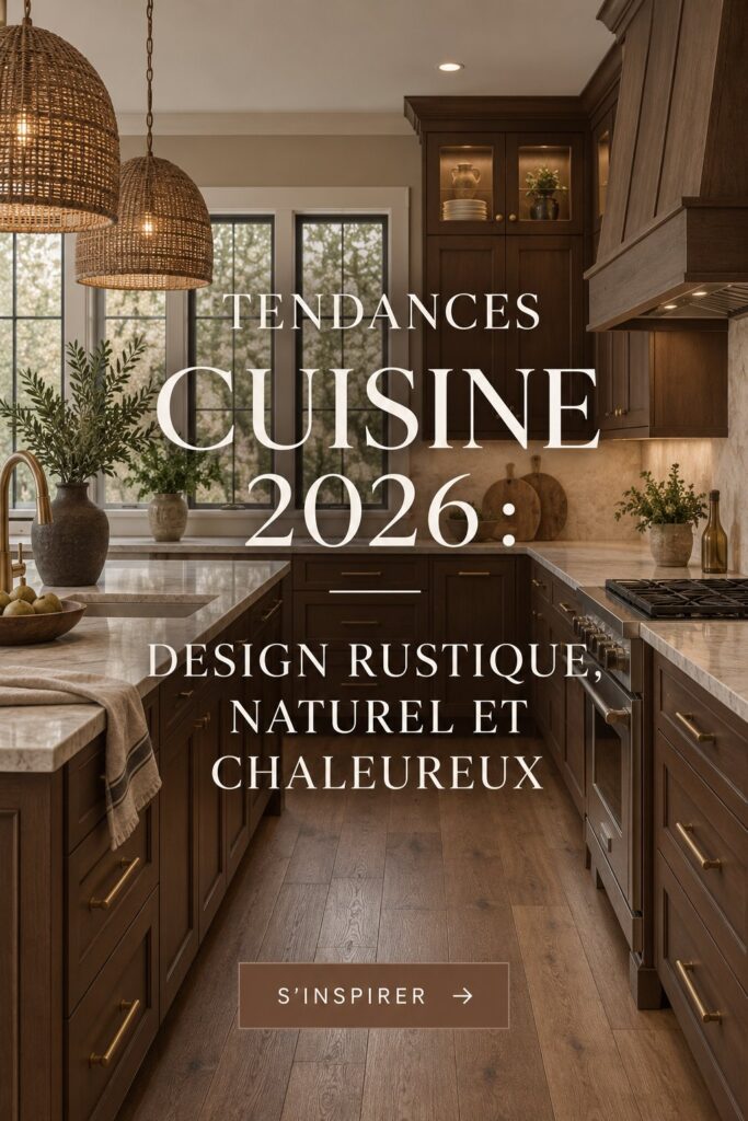 Cuisine rustique et chaleureuse avec des textures naturelles pour 2026.