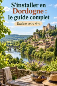 Un beau paysage de la Dordogne avec une maison en pierre typique sous le ciel bleu.