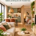 Aménagement moderne d'un petit appartement en plan ouvert avec un coin salon lumineux et une cuisine intégrée.