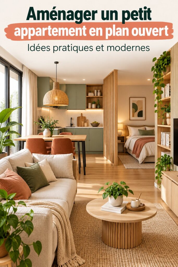 Aménagement moderne d'un petit appartement en plan ouvert avec un coin salon lumineux et une cuisine intégrée.