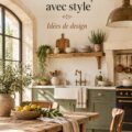 Design d'une cuisine de ferme française avec des meubles en bois et des éléments décoratifs rustiques.