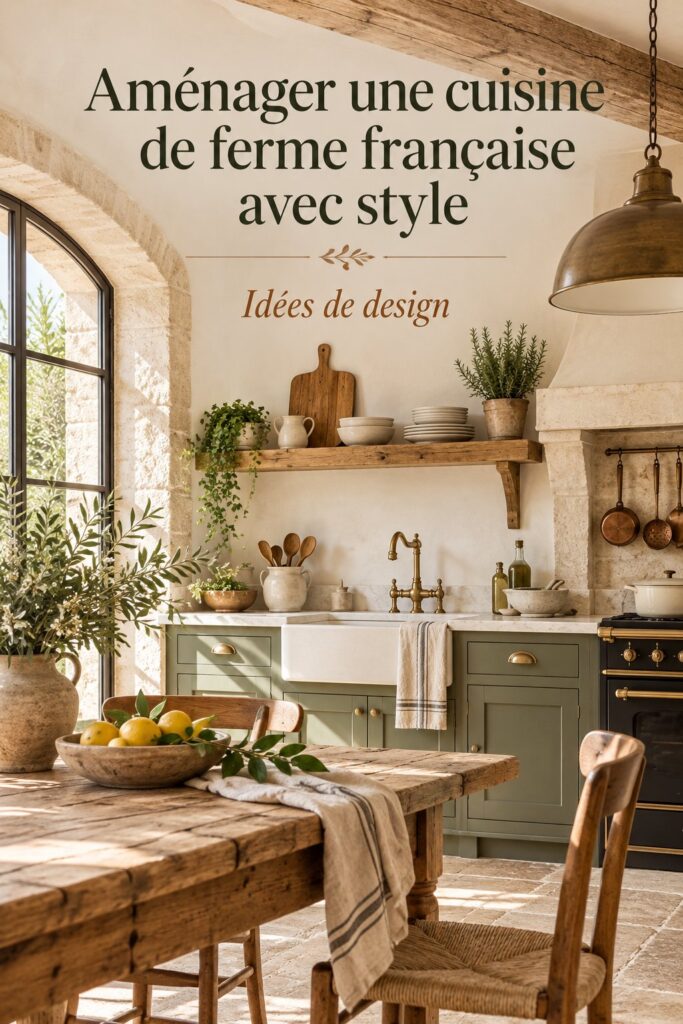 Design d'une cuisine de ferme française avec des meubles en bois et des éléments décoratifs rustiques.