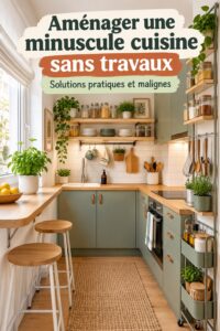 Petite cuisine aménagée avec des étagères murales et un bar à déjeuner sur mesure.