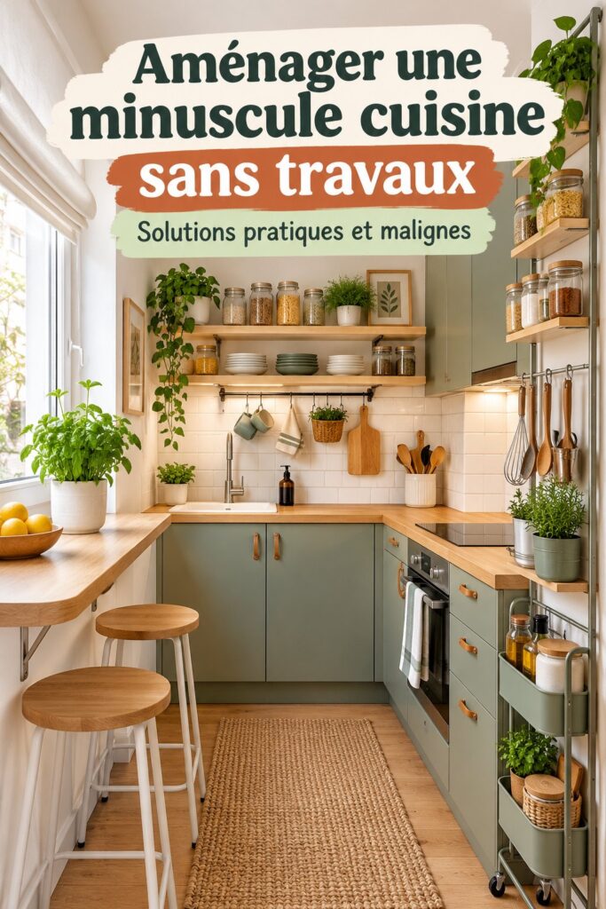 Petite cuisine aménagée avec des étagères murales et un bar à déjeuner sur mesure.