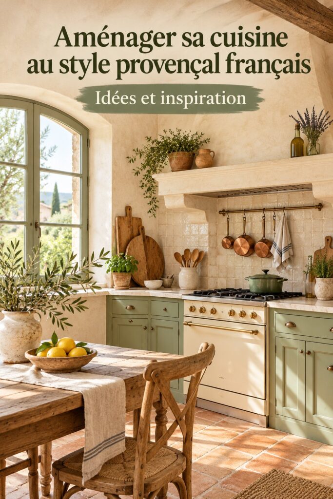 Cuisine aménagée dans un style provençal, avec des éléments en bois et des couleurs douces.