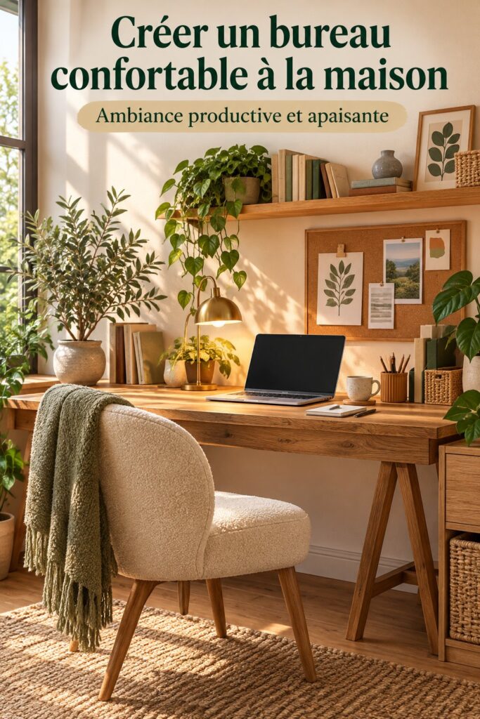Un bureau bien aménagé avec une chaise confortable et des éléments de décoration chaleureux.