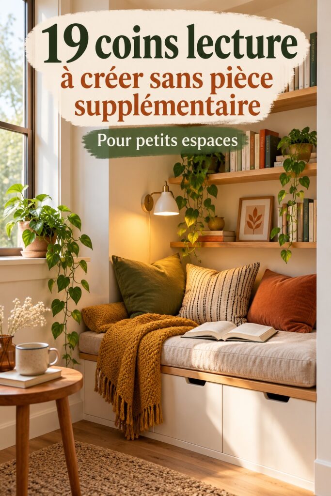 Un coin lecture cosy dans un petit espace, avec des étagères et un fauteuil confortable.
