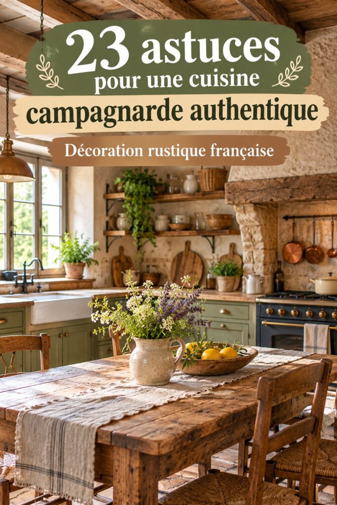 Une cuisine campagnarde chaleureuse avec des meubles en bois et des éléments décoratifs rustiques.