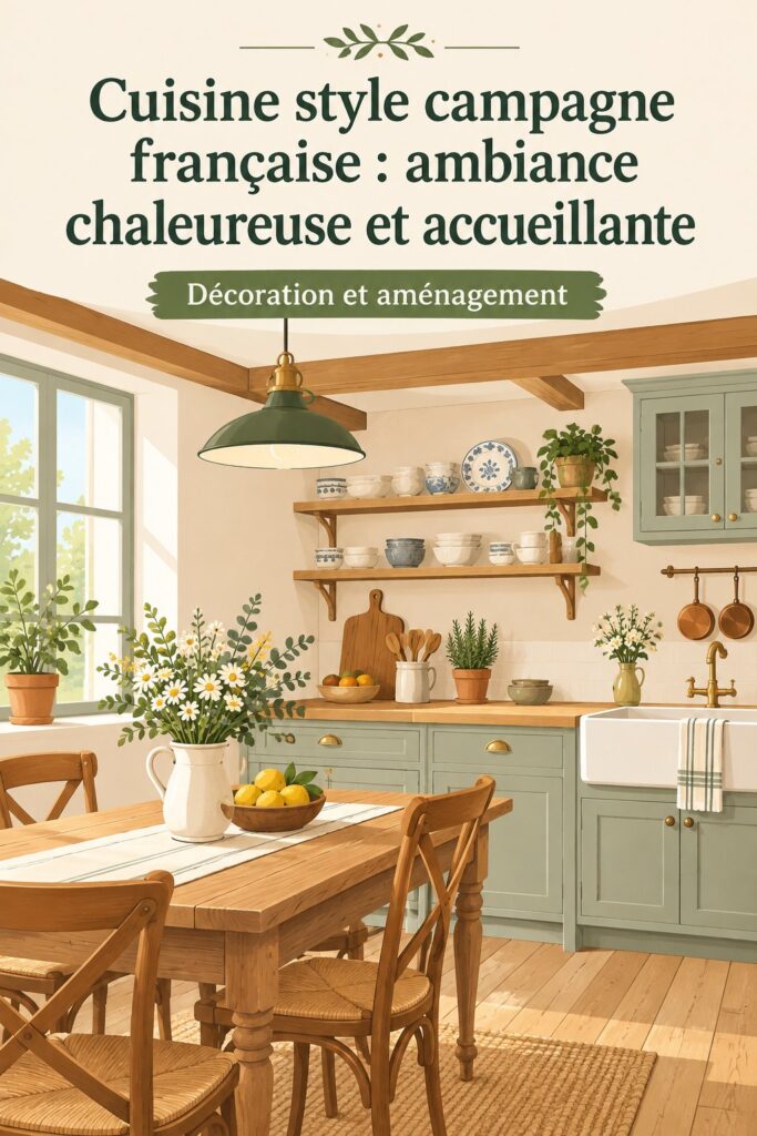 Cuisine en style campagne française avec des éléments rustiques et accueillants.