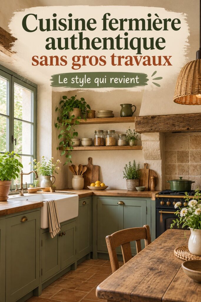Cuisine fermière authentique avec des éléments en bois naturel et décoration simple.