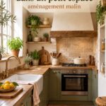 Cuisine rustique française chaleureuse dans un petit espace avec des éléments en bois.