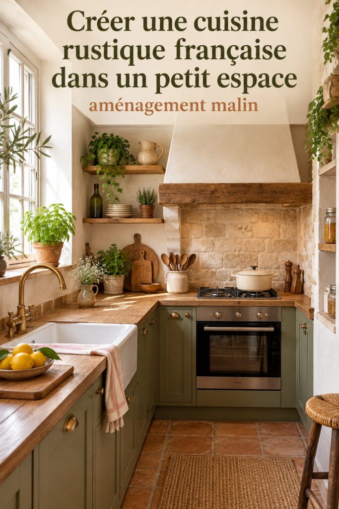 Cuisine rustique française chaleureuse dans un petit espace avec des éléments en bois.