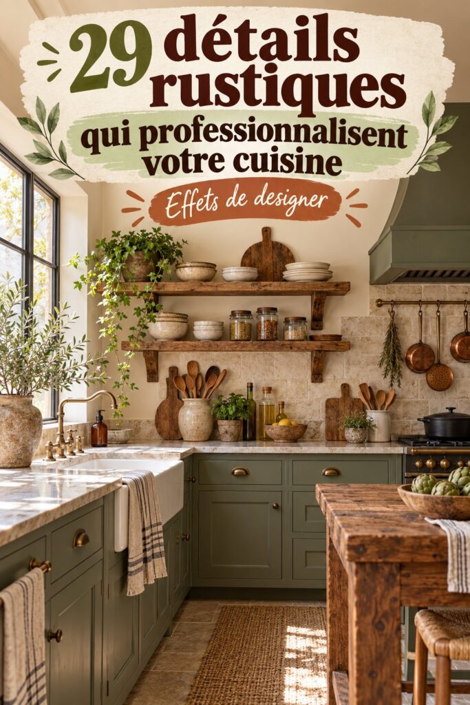 Cuisine rustique avec des détails chaleureux et accueillants.
