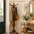 Porte-manteau vintage en bois dans une entrée parisienne élégante.