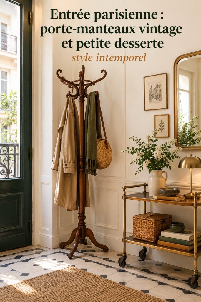 Porte-manteau vintage en bois dans une entrée parisienne élégante.