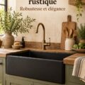 Évier noir mat dans une cuisine rustique
