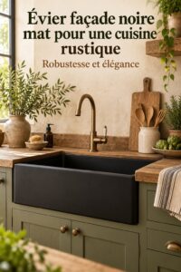 Évier noir mat dans une cuisine rustique