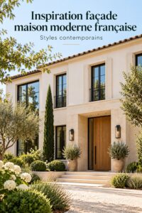 Exemple d'une maison moderne aux lignes épurées avec un jardin bien entretenu.