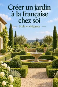 Un élégant jardin à la française avec des haies taillées et des allées symétriques.