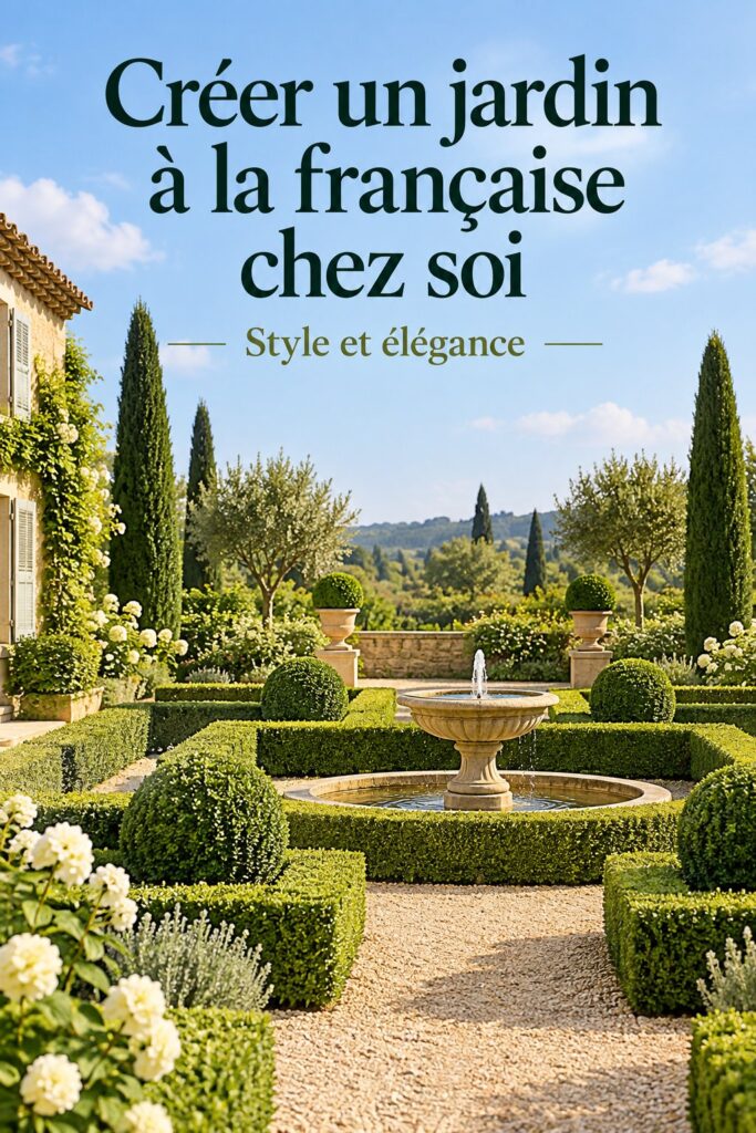 Un élégant jardin à la française avec des haies taillées et des allées symétriques.
