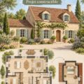 Vue d'un plan de maison de campagne française avec une chambre bonus
